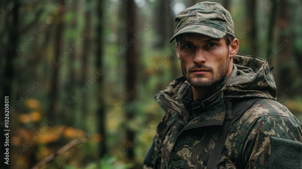 A man in camouflage gear stands in a forest A man in camouflage gear stands in a forest