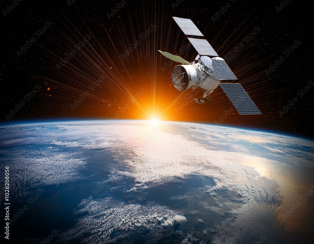space satellite orbiting earth at sunrise space satellite orbiting earth at sunrise