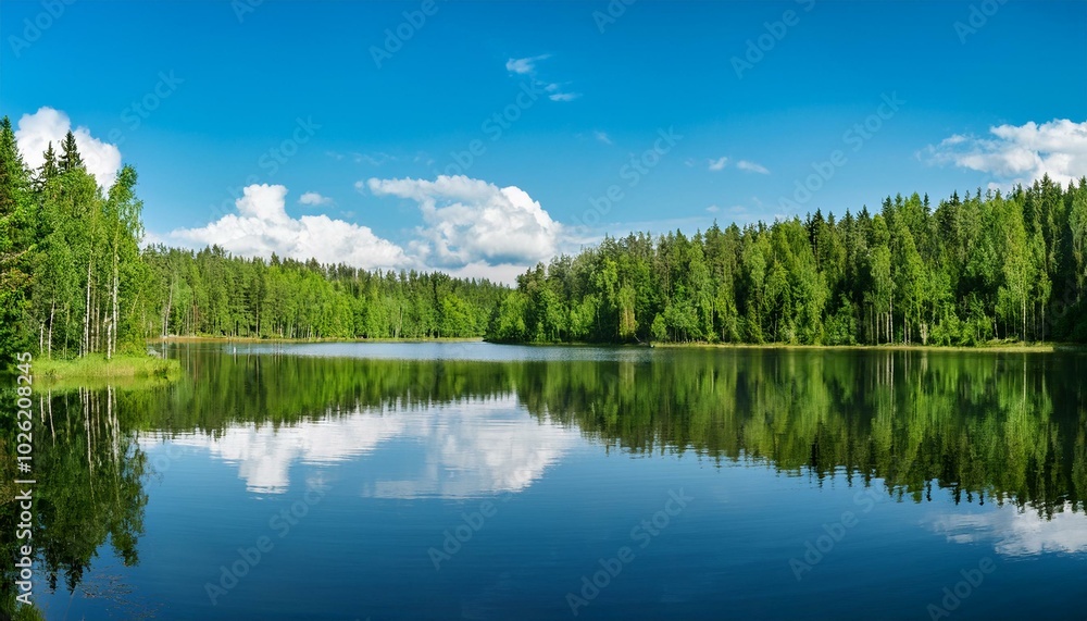 summer bright lush green landscape panoramic widescreen view of the coastal forest with reflection on the calm water surface of a large lake summer bright lush green landscape panoramic widescreen view of the coastal forest with reflection on the calm water surface of a large lake