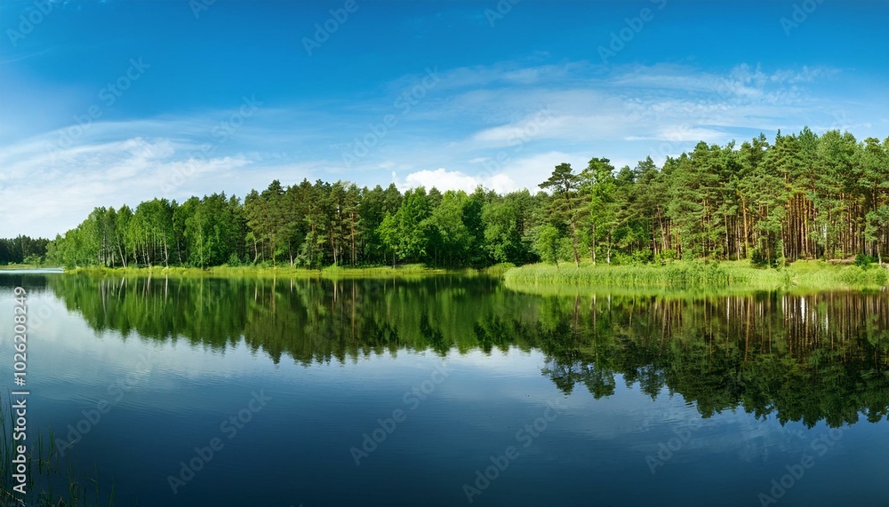 Fototapeta premium summer bright lush green landscape panoramic widescreen view of the coastal forest with reflection on the calm water surface of a large lake