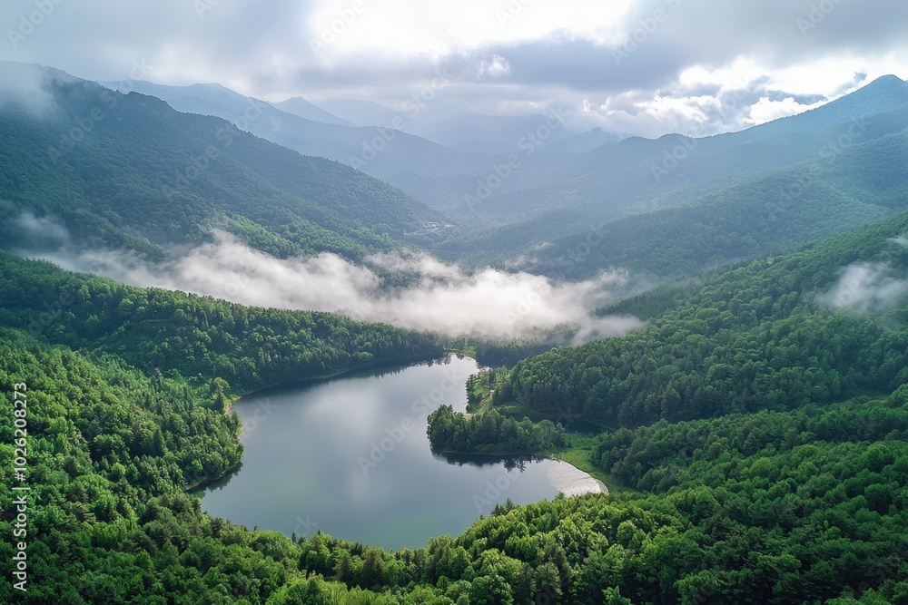 Serene lake surrounded by lush mountains and fog in a tranquil valley at dawn Serene lake surrounded by lush mountains and fog in a tranquil valley at dawn