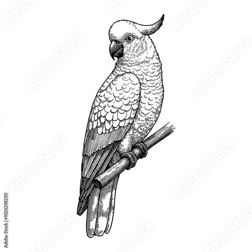 Cockatoo Perched on Branch Detailed Black and White Outline Line Art Drawing for Illustration