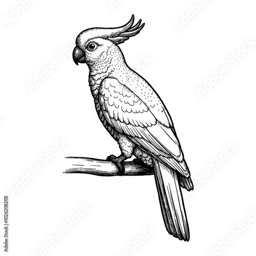 Cockatoo Bird Side View in Detailed Black and White Outline Line Art Drawing on Branch