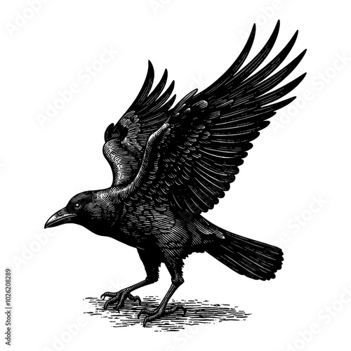 Crow in Flight with Wings Outstretched in Detailed Black and White Outline Line Art Drawing