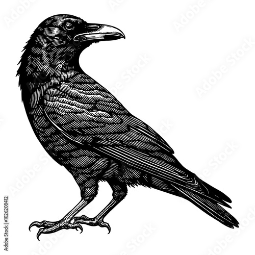 Crow Side View Illustration with Detailed Black and White Outline Line Art Drawing Style
