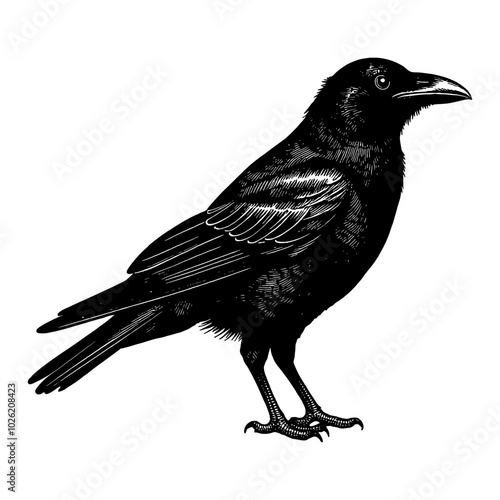 Crow Side View in Detailed Black and White Outline Line Art Drawing with Vintage Style Design