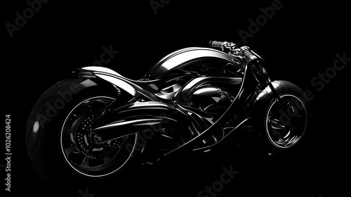 A 3D render of a futuristic motorcycle, isolated on a solid black background photo