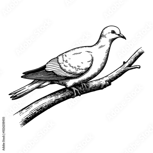 Dove Perched on a Branch in Black and White Outline Line Art Drawing with Detailed Features