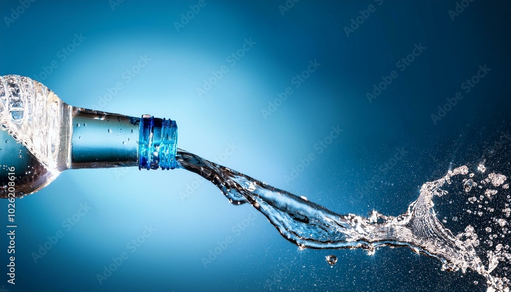 super closeup of transparent water jet from glass bottle isolated on blue background banner fresh drinking water concept for healthy nutrition wellbeing and water resource super closeup of transparent water jet from glass bottle isolated on blue background banner fresh drinking water concept for healthy nutrition wellbeing and water resource