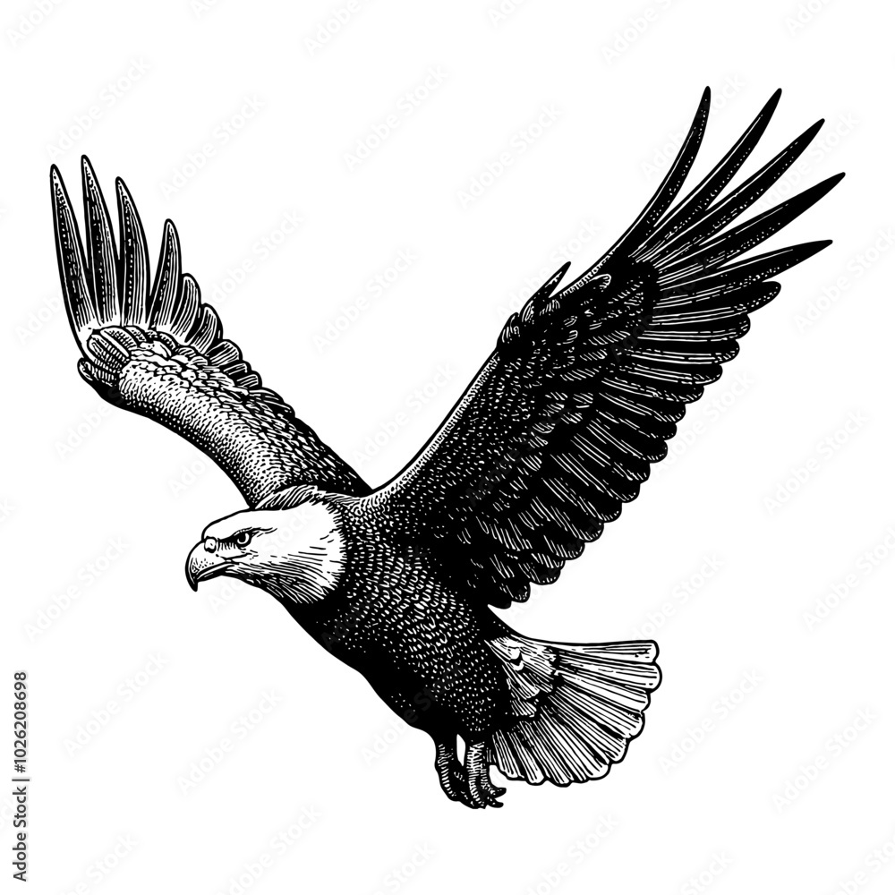 Fototapeta premium Flying Eagle Detailed Black and White Outline Line Art Drawing with Spread Wings Midair Position