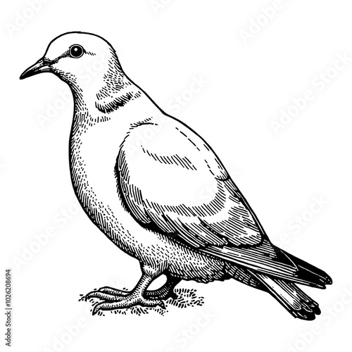 Dove in Side View in Black and White Outline Line Art Drawing with Detailed Features