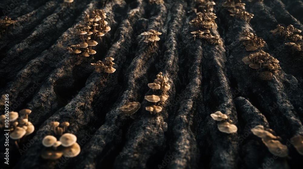 A striking aerial view of a mushroom farm, showcasing dark growing houses amidst carefully organized rows of mushrooms, reflecting the beauty of organic cultivation. A striking aerial view of a mushroom farm, showcasing dark growing houses amidst carefully organized rows of mushrooms, reflecting the beauty of organic cultivation.