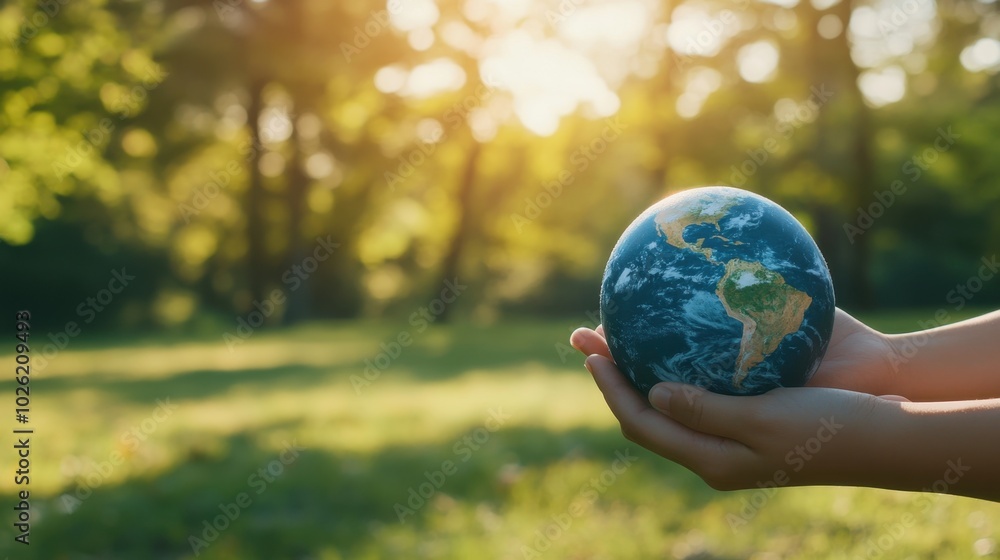 Hands holding small globe, park setting, copy space Hands holding small globe, park setting, copy space