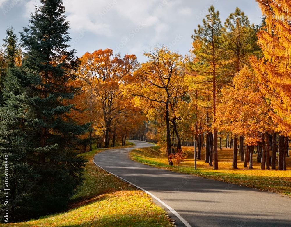 wide panorama of an autumn bright park with a winding asphalt road trees yellow orange leaves and pine trunks wide panorama of an autumn bright park with a winding asphalt road trees yellow orange leaves and pine trunks