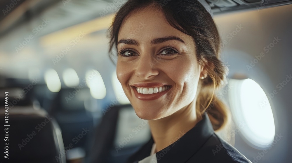 Flight attendant smiling, airplane cabin, natural light, minimal elements Flight attendant smiling, airplane cabin, natural light, minimal elements