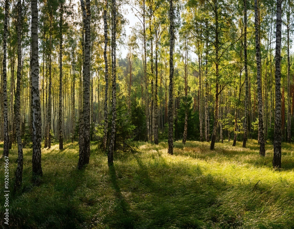 wide panoramic view of a mixed birch spruce forest with grass in the foreground and lateral sunlight in warm september weather wide panoramic view of a mixed birch spruce forest with grass in the foreground and lateral sunlight in warm september weather