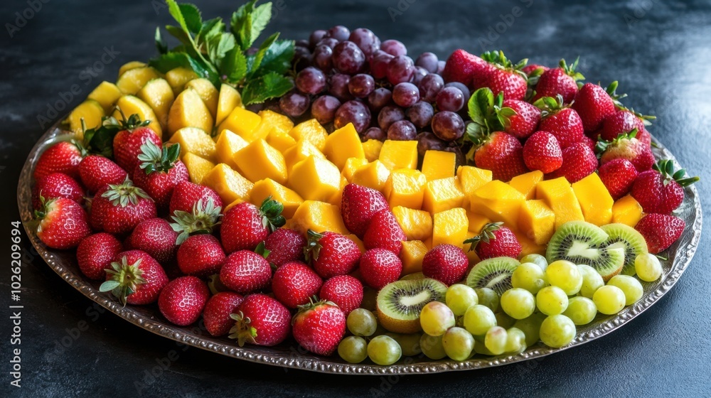 A stunning and colorful fruit platter showcasing a selection of strawberries, kiwi, mango, and grapes, arranged in an artistic manner for a refreshing visual feast. A stunning and colorful fruit platter showcasing a selection of strawberries, kiwi, mango, and grapes, arranged in an artistic manner for a refreshing visual feast.