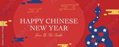 Trendy Lunar new year, Chinese new year 2025 and year of the Snake with Chinese snake zodiac and abstract illustration in red minimal background, geometric design for card, poster, banner, flyer, web.