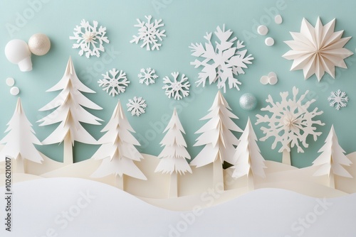 Papercraft Winter Wonderland with Snowflakes and Trees photo