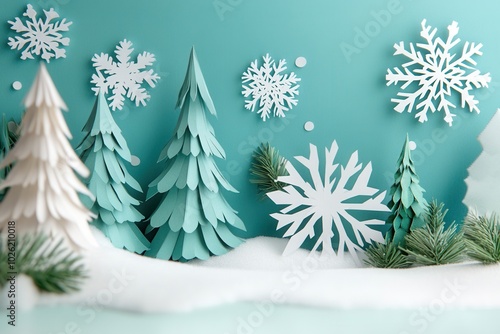 Papercraft Winter Wonderland with Snowflakes and Trees