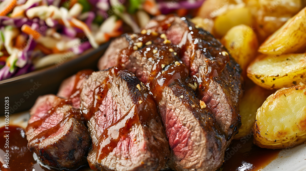 A plate of sliced steak with a savory sauce, served with roasted potatoes and a side salad. A plate of sliced steak with a savory sauce, served with roasted potatoes and a side salad.
