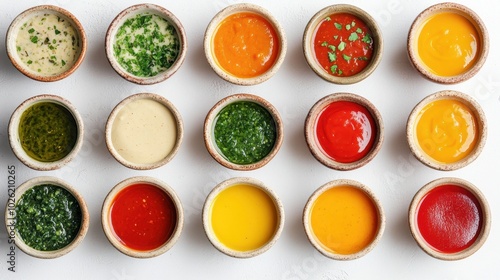 A top-down view of an assortment of colorful sauces, neatly arranged in rustic ceramic bowls, placed on a clean white surface, highlighting variety and freshness.