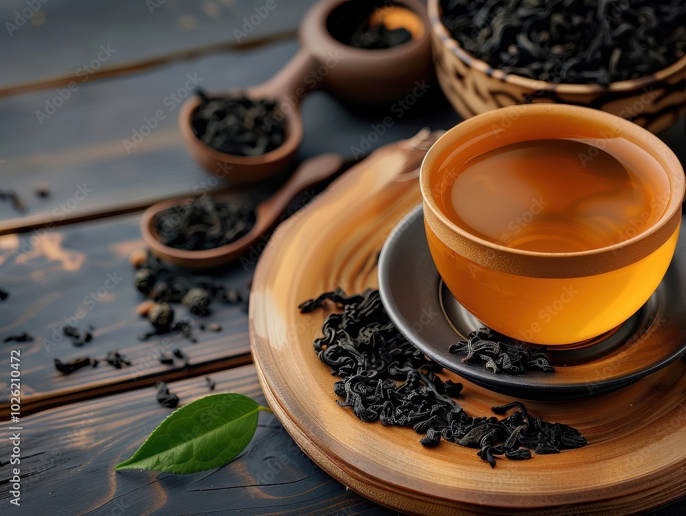 Serene Tea Preparation Setup with Wooden Table and Freshly Brewed Tea Serene Tea Preparation Setup with Wooden Table and Freshly Brewed Tea