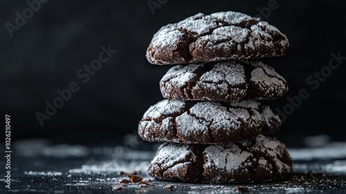 Stack of Chocolate Crinkle Cookies with Powdered Sugar Dusting in Pyramid Formation on Dark Background photo