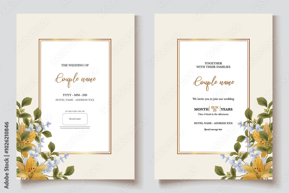Fototapeta premium WEDDING INVITATION FRAME WITH FLOWER DECORATIONS WITH FRESH LEAVES 