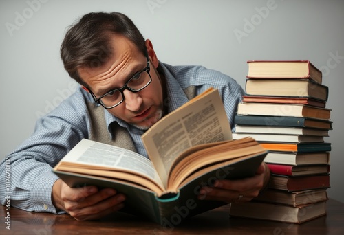 The Bookworm A man with a stack of books beside him dives into a