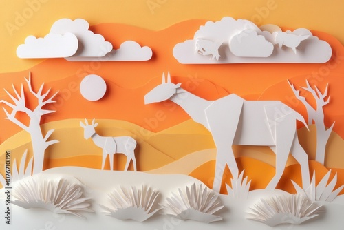 Papercraft Safari Scene with Giraffes in African Landscape photo