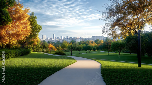 A park with a path and a city in the background