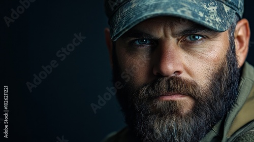 A man with a beard and a hat is staring at the camera