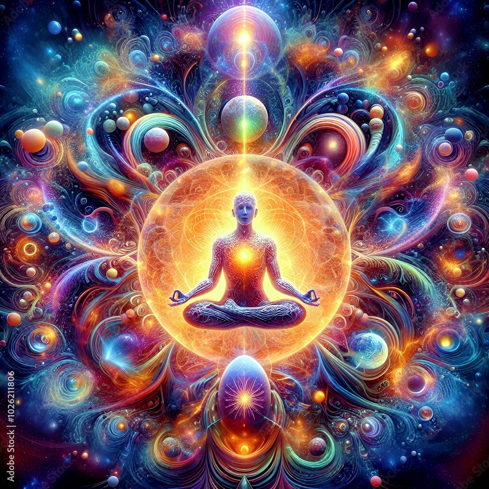 Fototapeta premium figure of a meditating man on a futuristic abstract background