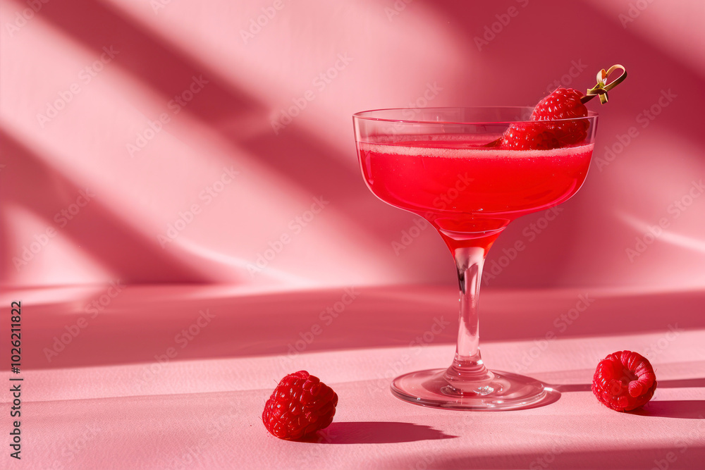 Delightful Red Cocktail Garnished With Fresh Raspberries Set Against a Vibrant Pink Backdrop Delightful Red Cocktail Garnished With Fresh Raspberries Set Against a Vibrant Pink Backdrop