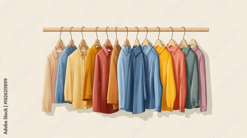 A vibrant illustration of a row of shirts in assorted colors hanging on wooden hangers, creating a cheerful and stylish display that highlights fashion choices. A vibrant illustration of a row of shirts in assorted colors hanging on wooden hangers, creating a cheerful and stylish display that highlights fashion choices.