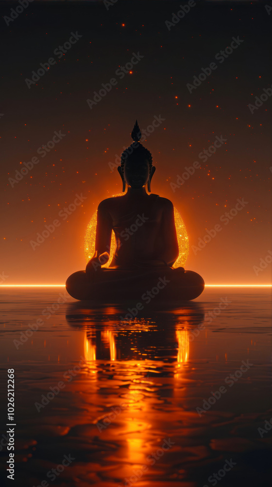 Silhouette of a Meditating Buddha at Sunset Reflecting Serene Tranquility Over Peaceful Waters Silhouette of a Meditating Buddha at Sunset Reflecting Serene Tranquility Over Peaceful Waters