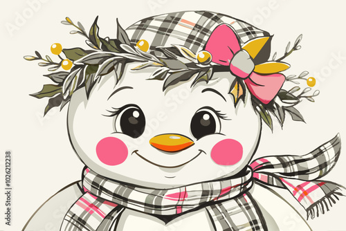 Cute Cartoon Snowman with Plaid Hat and Scarf Illustration