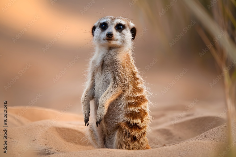 Fototapeta premium close-up photo of a meerkat standing alert in a sandy environment