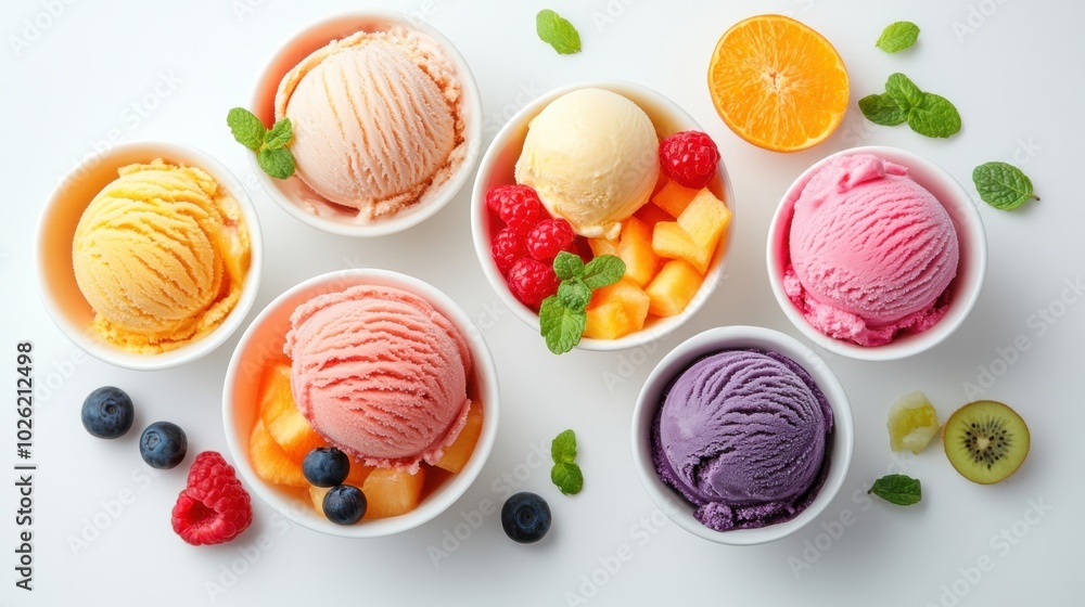 A visually stunning display of bowls filled with colorful ice creams, garnished with fresh fruits, showcased against a minimalist white background for a fresh, clean appeal. A visually stunning display of bowls filled with colorful ice creams, garnished with fresh fruits, showcased against a minimalist white background for a fresh, clean appeal.