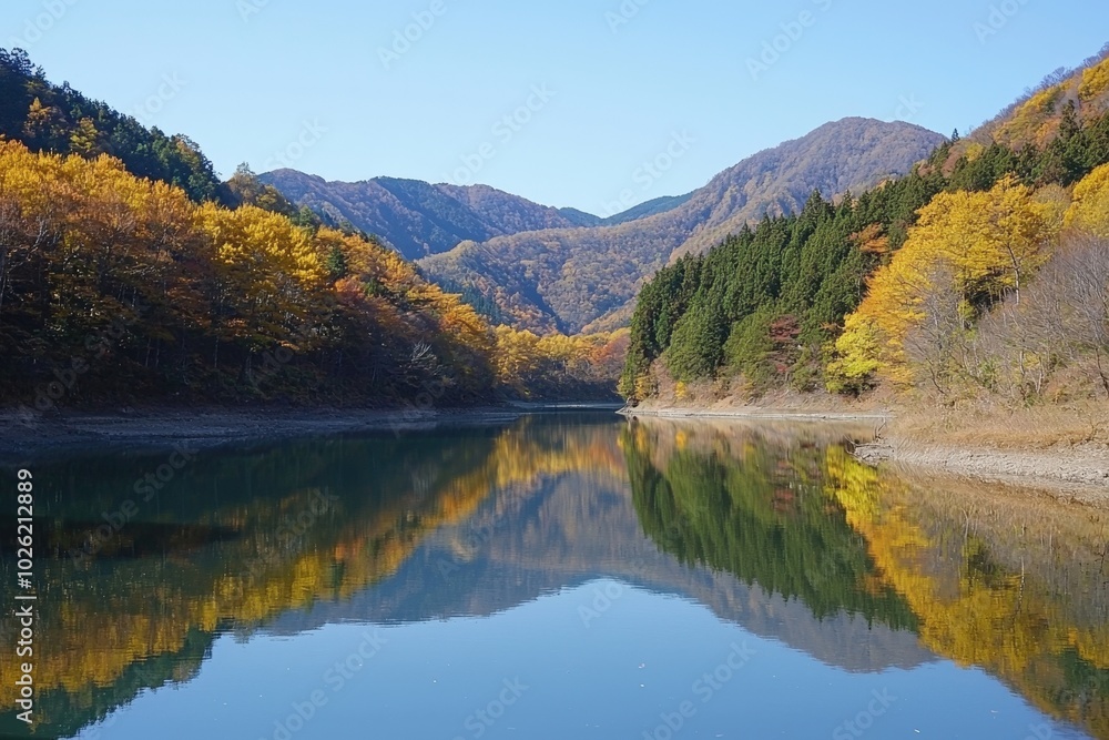 Golden autumn reflections on a tranquil river surrounded by mountains