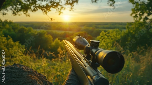 Wallpaper Mural A rifle with a scope is pointed at a sunset over a field, with the view through the scope in the foreground. Torontodigital.ca