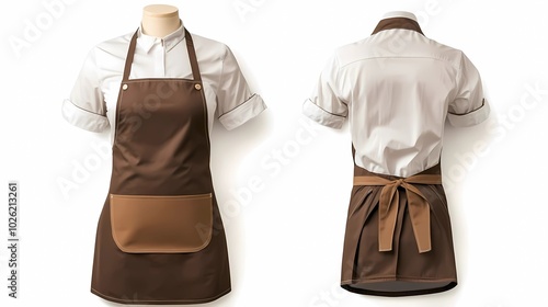 amazing waitress uniform shirt with brown apron, short sleeve mockup with front and back views isolated clean white background