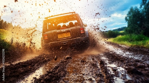 A black SUV drives through a muddy road, with splashes of mud flying up into the air, as the sun shines brightly behind it. photo