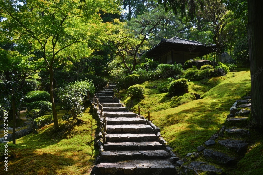 A serene stone pathway winds through a lush green garden in the early afternoon light A serene stone pathway winds through a lush green garden in the early afternoon light