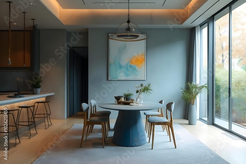 Japandi, minimalist interior design of modern living room. Dining room with blue dining table and stylish chairs