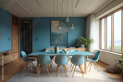 Japandi, minimalist interior design of modern living room. Dining room with blue dining table and stylish chairs