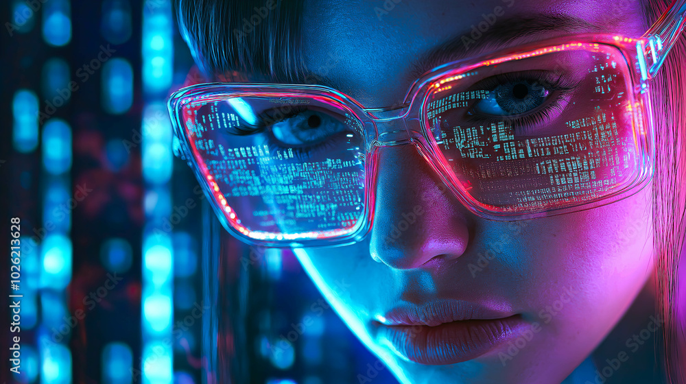 A woman wears digital glasses and gazes at a holographic display. Futuristic technology and innovation. Generative AI. A woman wears digital glasses and gazes at a holographic display. Futuristic technology and innovation. Generative AI.