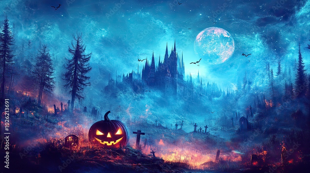Fototapeta premium Haunted Graveyard and Castle with a Glowing Pumpkin for Halloween