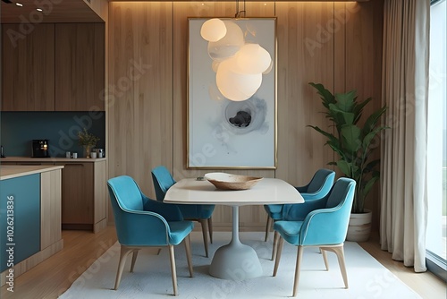 Japandi, minimalist interior design of modern living room. Dining room with blue dining table and stylish chairs